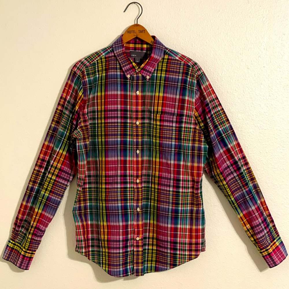 Vince - Long Sleeve Button Up - Madras Plaid - Sherbet- 100% Cotton - Size Large